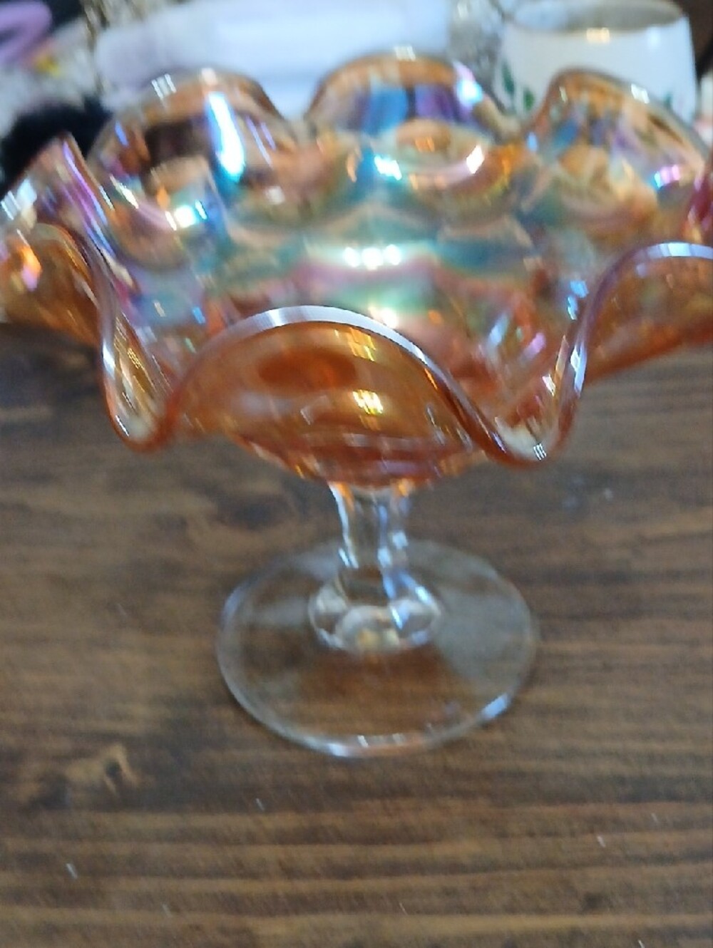 Iridescent Ruffle Glass Compote Bowl - Amber - Picture 3 of 3